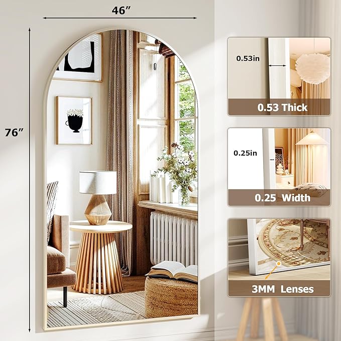 46"x76" Arched Full-Length Mirror, Oversized Floor Mirror with Stand, Freestanding or Wall-Mounted Full Body Mirror for Living Room, Bedroom, or Cloakroom, Silver