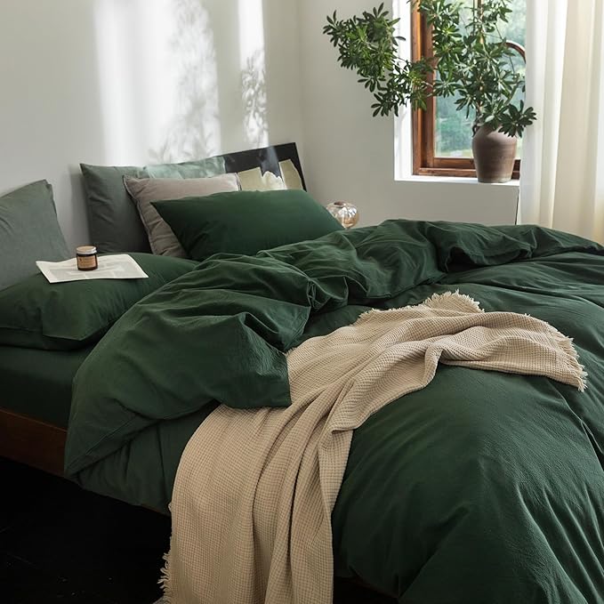 FOSSA Duvet Cove Set 100% Washed Cotton Linen Feel Super Soft Breathable Cozy 3 Pieces Bedding Sets Solid Forest Green Twin