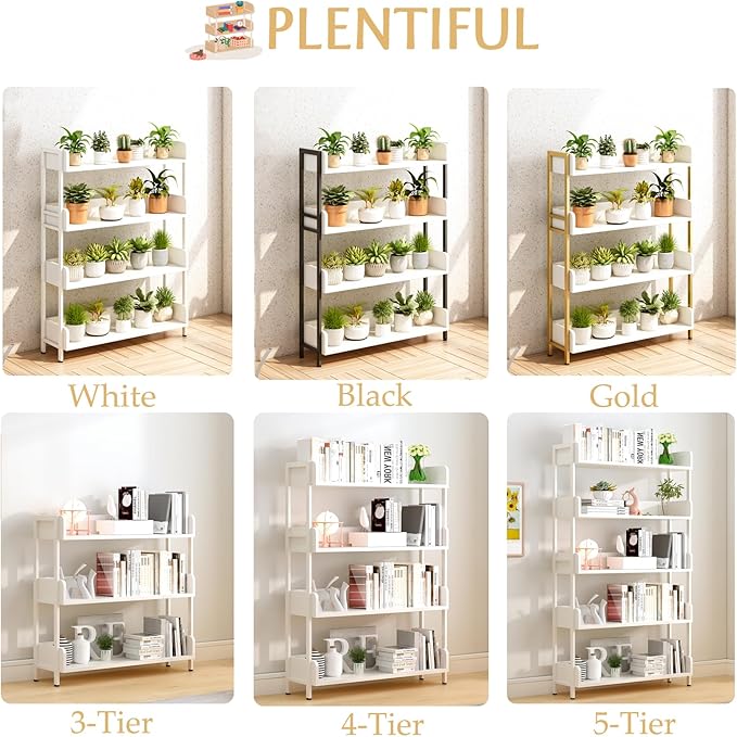 Wide Open Shelf Bookcase - Modern 4-Tier Free Standing Display Bookshelf with Three-Side Panels and Metal Frame for Home and Office, Storage Shelving, Warm White
