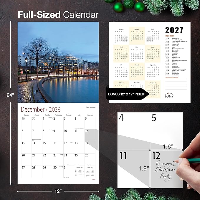 MICASA PRESS Paris 2026 Wall Calendar 12 Month | 12" x 24" Open | Thick & Sturdy Paper | Holiday Gift | A Walk in Paris French Europe Travel Calendar 2026