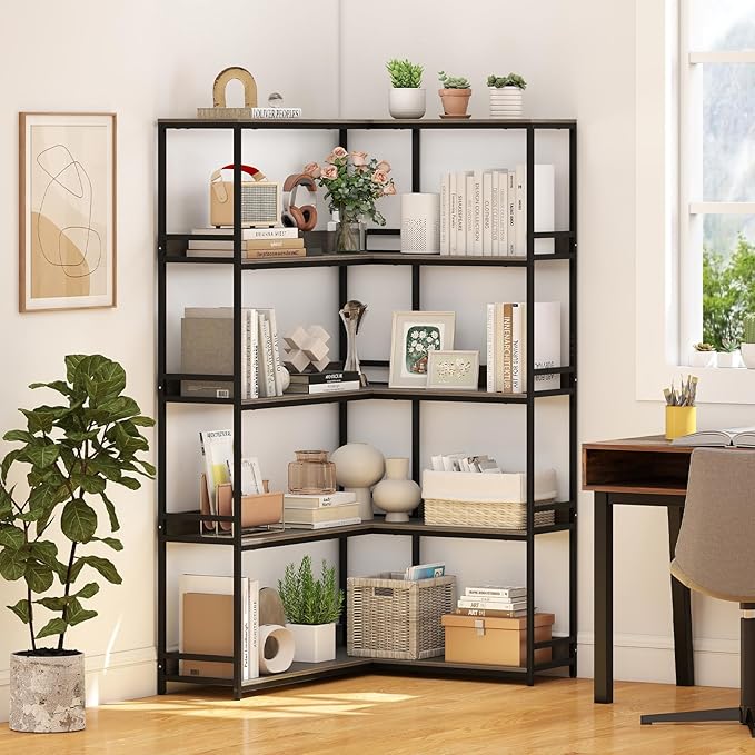 Giantex 5-Tier Corner Bookshelf, 71" L-Shaped Bookcase, Tall Etagere Bookshelf with Metal Frame, Industrial Open Display Shelf, Vertical Storage Rack for Living Room, Study, Office (Oak)