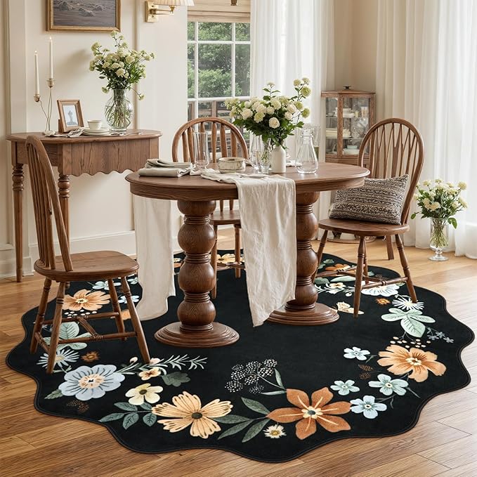 Lahome Floral Washable Round Area Rug, Round Rug 5ft Soft Non-Slip, Non-Shedding Boho Circle Carpet for Bedroom Living Room Bathroom Nursery Kitchen, Black/Grey