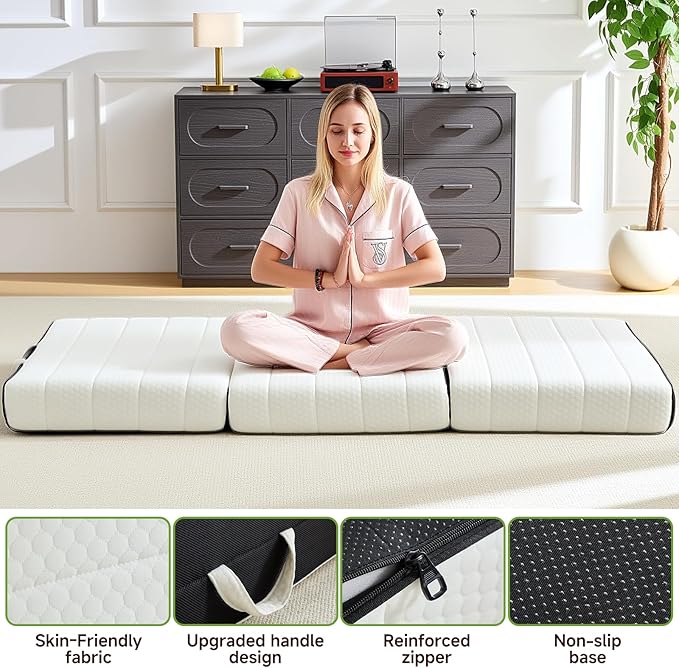 Foldable Mattress, Full Tri-Fold Memory Foam Mattress Topper with Washable Cover, Handle & Non-Slip Bottom, 6 Inch Portable Folding Bed for Guest, Yoga, Living Room, Camping - 73"x52"x6"