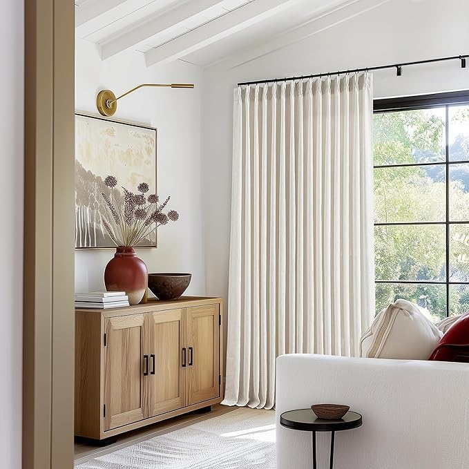 Extra Wide Pinch Pleat Linen Curtains 108 Inches Long for Living Room Sliding Glass Door 100 Inch Wide Semi Sheer Curtain Cream Ivory Pleated Drape Hooks Rings 100x108 Large Window Curtain 1 Panel