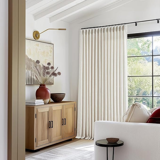 Extra Wide Pinch Pleat 100 x 102 Inch Linen Curtains for Living Room Cream Ivory Light Filtering Semi Sheer Pleated Curtains for Patio Glass Sliding Door Dining Bedroom Large Window 100x102 1 Panel