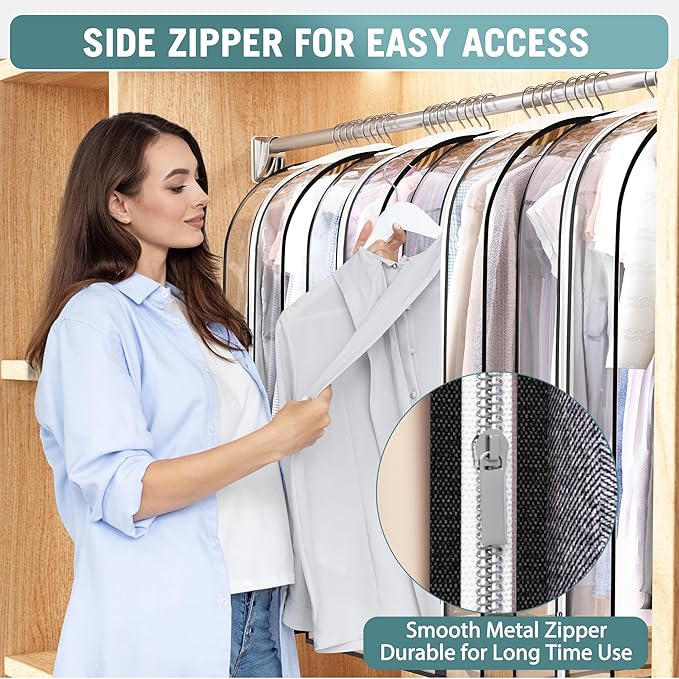 Clear Garment Bag for Hanging Clothes 10” Gusseted, 50” Suit Bags for Open Closet Storage Plastic Clothes Cover for Coat, Dress, Shirts, Fur, Jacket, Wardrobe Protectors, 4 Pack