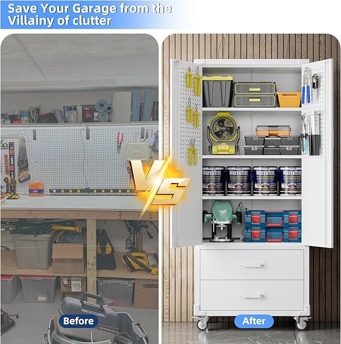 SUXXAN Rolling Storage Cabinet with 2 Doors and 2 Drawers, Heavy Duty Metal Storage Cabinet with Shelves, Locking Steel Cabinet for Warehouse, Home, Office (White)