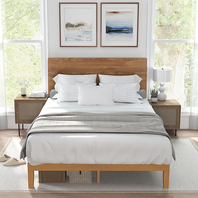 Sweetcrispy Solid Wood Bed Frame, King Size Bed Base with Wood Slat Support, Sturdy, Stylish & Noise-Free Design, No Box Spring Needed, Easy Assembly, 12 in Natural Pine