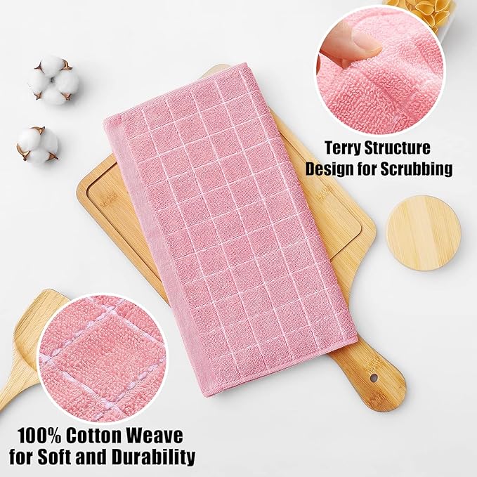 Homaxy 100% Cotton Terry Kitchen Towels(Pink, 13 x 28 inches), Checkered Designed, Soft and Super Absorbent Dish Towels, 24 Pack