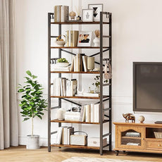 Homeiju 6 Tier Bookshelf, Industrial Bookcase with 8 Hooks, Vintage Storage Rack with Open Shelves, Rustic Standing Bookshelves Metal Frame Display Rack for Living Room, Bedroom, Rustic Brown
