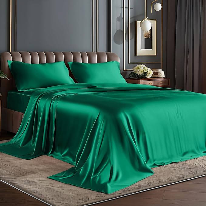 BEDELITE California King Sheets Set, Luxury Soft Dark Green Satin Sheets for Hair and Skin, Similar to Silk Bed Sheets Set 4 Pieces with 1 Deep Pocket Fitted Sheet, 1 Flat Sheet, and 2 Pillowcases