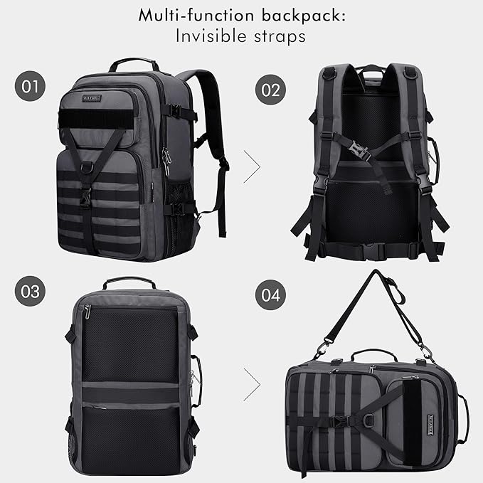 WITZMAN Carry On Travel Backpack for Men Large Convertible 45L Fit 17 Inch Laptop Backpack 3 in 1 Bag for Airline Approved(B688 Silvery Grey)