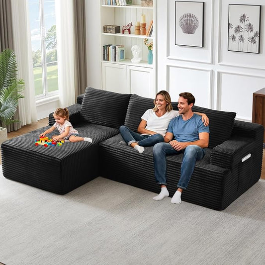 96" Modular Sectional Sofa Couches L-Shape Couch 3 Seat Modular Sofa Corduroy Memory Foam Sectional Boneless Couches for Living Room, Cloud Couch with Oversized Chaise(Dark Black, Left Facing)