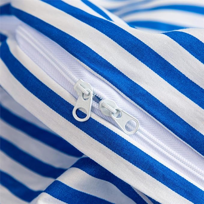 JELLYMONI 100% Natural Cotton 2pcs Striped Duvet Cover Sets,White Duvet Cover with Blue Stripes Pattern Printed Comforter Cover,with Zipper Closure & Corner Ties(Twin Size)
