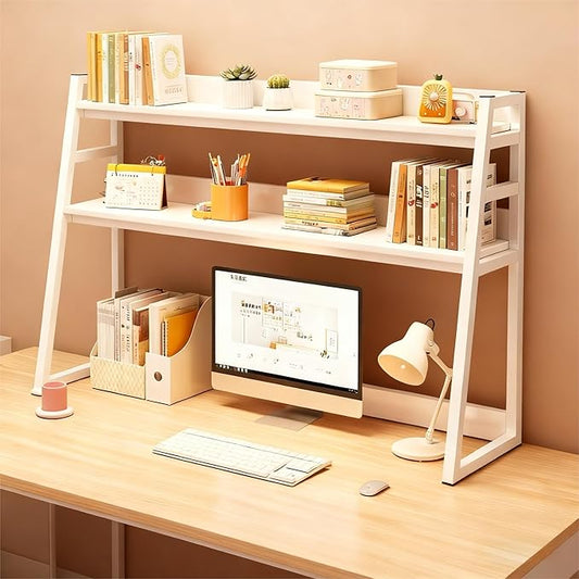 2-Tier Desktop Bookshelf, Wood Hutch Shelf Organizer, 29.9 x 12.6 x 35.4 inches, Study Room Storage Rack (White, 45 * 12 * 35in)