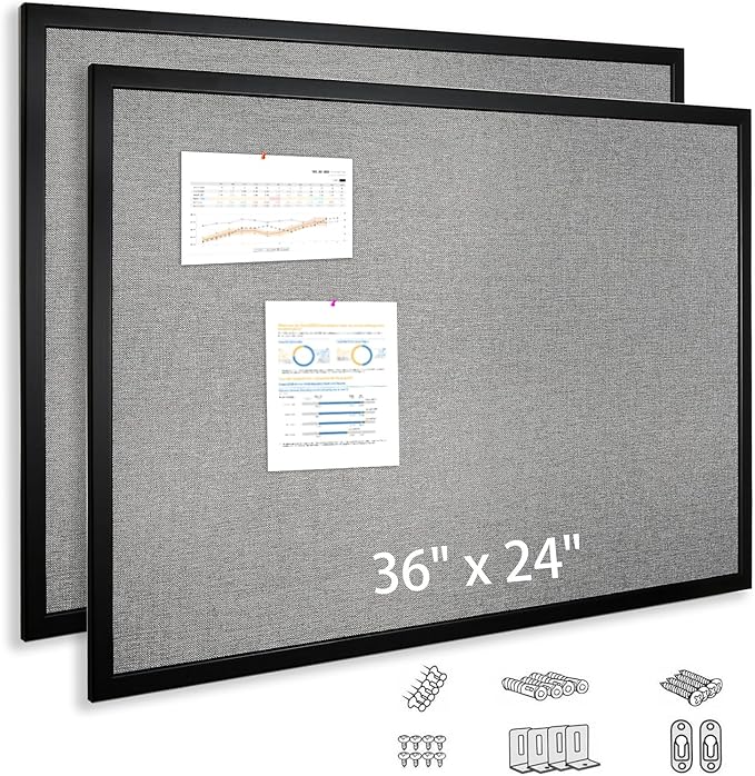 Bulletin Board 36 x 24 Inch 2 Pack, Cork Board for Walls, Wood Framed Bulletin Boards with Grey Canvas, Wall Mounted Corkboard for Office School Home Decorative
