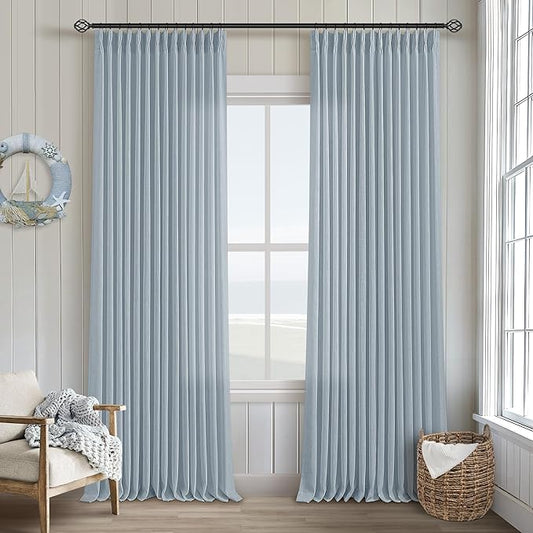 Extra Long Dusty Blue Linen Curtains 120 Inches Long Sky Blue Coastal Boho Farmhouse Curtain Light Filtering Semi Sheer Back Tab Pinch Pleat Curtain for Tall Ceiling Living Room Bedroom 2 Panels