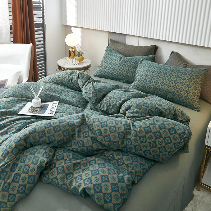 VM VOUGEMARKET Boho Duvet Cover King Geometric Pattern,3Pcs Yarn-Dyed Muslin Cotton Duvet Cover Set Blue Green Flower Bedding Set for Girls Women Without Comforter