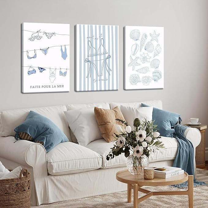 Trendy Coastal Canvas Wall Art Set of 3, Blue Bikini Granddaughter Room Wall Decor Paintings, Preppy Coastal Shell Girls Dorm Posters Prints Pictures for Living Room Bedroom 16x24 Inch Framed
