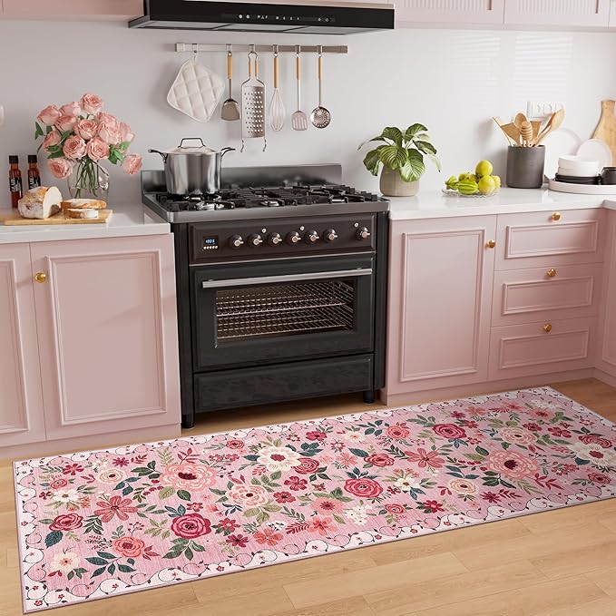DUKINO 2x6 Kitchen Runner Rug for Hallway, Washable Runner Rug with Non Slip Backing, Low Pile Soft Boho Floral Carpet for Girls Room, Kitchen, Entryway, Laundry, Bedroom, Pink
