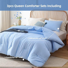 ROSGONIA Queen Comforter Set Light Blue, 3pcs Bedding Comforter Sets (1 Comforter & 2 Pillowcases) All Season Soft Lightweight Bedspread Blanket Quilt