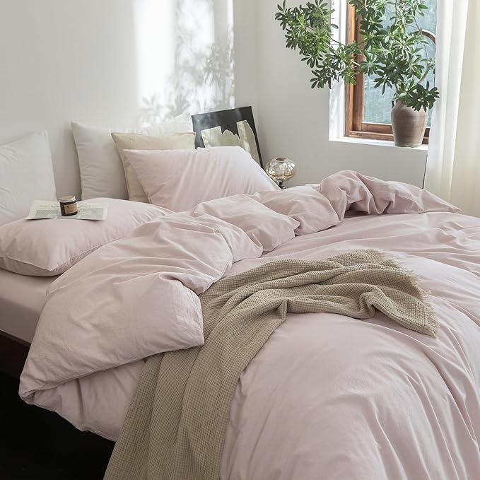 FOSSA Duvet Cover Set 100% Washed Cotton Linen Feel Super Soft Breathable Cozy 3 Pieces Bedding Sets Solid Greyish Pink Twin
