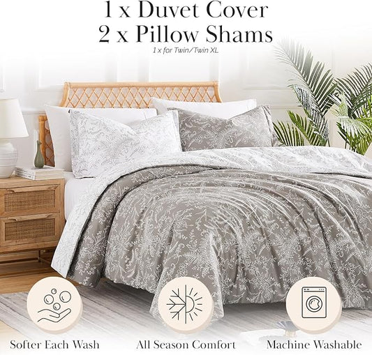 Southshore Fine Living, Inc. Reversible Floral Duvet Cover Set, Twin/XL – Premium Microfiber Bedding, Easy Care – Includes 1 Twin and 1 Sham, Machine Washable, Winter Brush Warm Sand