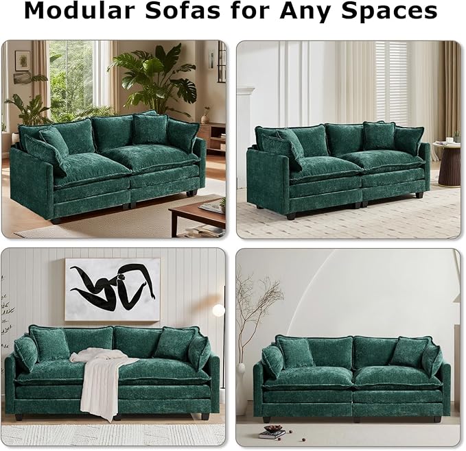 SoarFlash Chenille 77.95" Sectional Sofa, Comfy L Shaped Modular Coush Sofa with Ottoman, Modern 2 Seat Couch Deep Seat Sofa Set for Living Room,Green