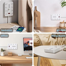 10 Ft Long Extension Cord,Power Strip Surge Protector HUNIAN Flat Plug with 8 Widely Spaced Outlets 6 USB(1 USB C Port), Wall Mount Charging Station for Home and Office,White