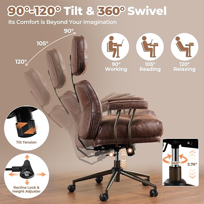 ovios Ergonomic Office Chair, High Back Faux Leather Executive Chairs with Thick Cushion, Comfy High-Century Modern Swivel Rolling Computer Armchair (Dark Brown, Suede Leather)