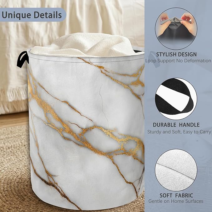 White Gold Marble Laundry Basket,Oxford Cloth Laundry Hamper with Handle Foldable Portable Clothes Storage Basket for Bathroom Bedroom Dorm Room 16" x 20.8"
