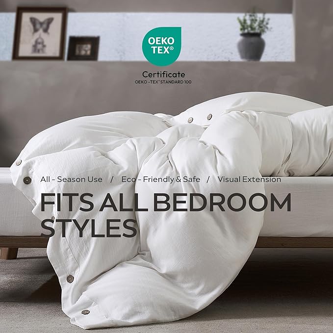 JELLYMONI Washed Cotton Duvet Cover - Off White, Oversized King Size 120x98 Inches, 3-Piece Bedding Set with Button Closure, Includes 1 Duvet Cover & 2 Pillowcases (Comforter Not Included)