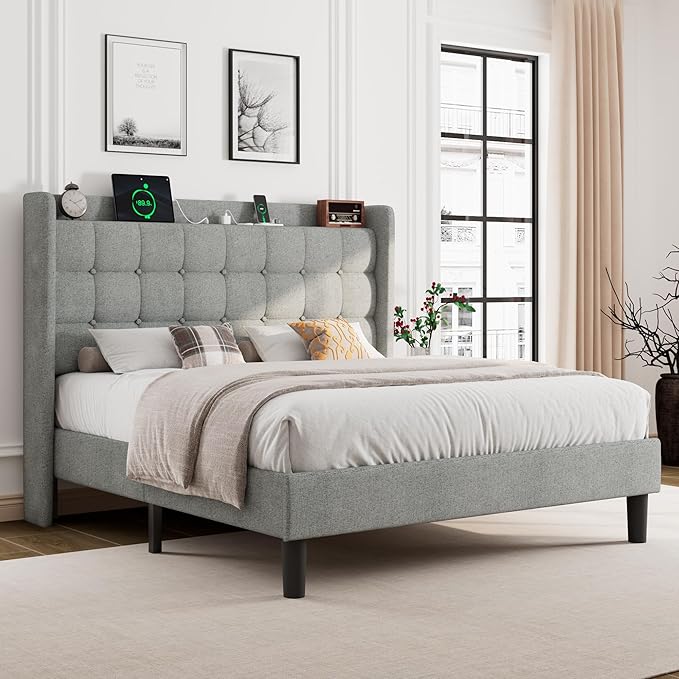 Full Size Bed Frame, Upholstered Platform Bed with Charging Station, Modern Wingback Storage Headboard, Solid Wood Slats Support, No Box Spring Needed, Light Gray