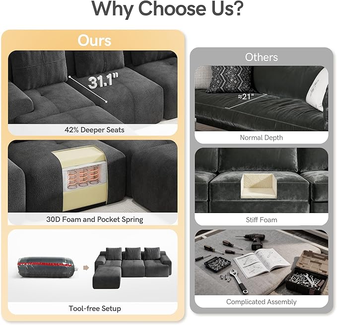 Boneless Couches for Living Room L Shaped Couch Modular Sectional Sofa 112'' Comfy Deep Seat No Assembly Couch Grey Modern 3 Seater Chenille Boneless Sofa with Ottoman for Bedroom Apartment