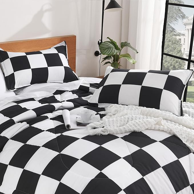 Andency Checkered Comforter King(104x90Inch), Black White Plaid Gingham Bed Set for Teen Boys Kids, Lightweight Microfiber Geometric Preppy Bedding, 3 Pieces