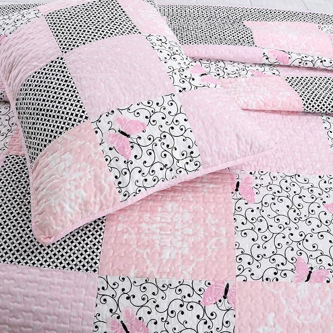 Cozy Line Home Fashions 100% Cotton Real Patchwork Floral Butterfly Shabby Chic Girly Reversible Quilt Bedding Set, Coverlet Bedspread (Black Pink, Queen - 3 Piece)