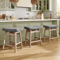 MAISON ARTS Counter Height Bar Stools Set of 3 for Kitchen Counter Solid Wood Legs with Fabric Saddle Seat Farmhouse Barstools for 34
