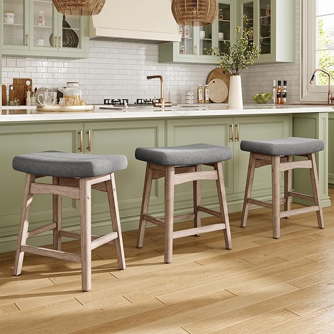 MAISON ARTS Counter Height Bar Stools Set of 2 for Kitchen Counter Solid Wood Legs with Fabric Saddle Seat Farmhouse Barstools for 34"-38" Counter Island Upholstered Stools, 24in, Grey Cushion