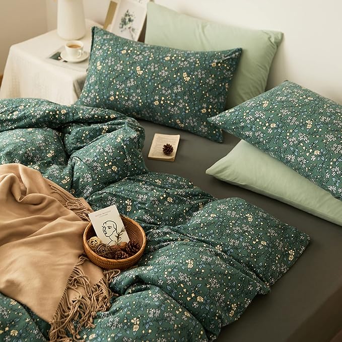 HighBuy Jersey Knit Duvet Cover Twin Green Floral Bedding Set 100% T-Shirt Cotton Comfy Bedding Sets Super Soft Garden Chic Knit Comforter Cover Twin Size