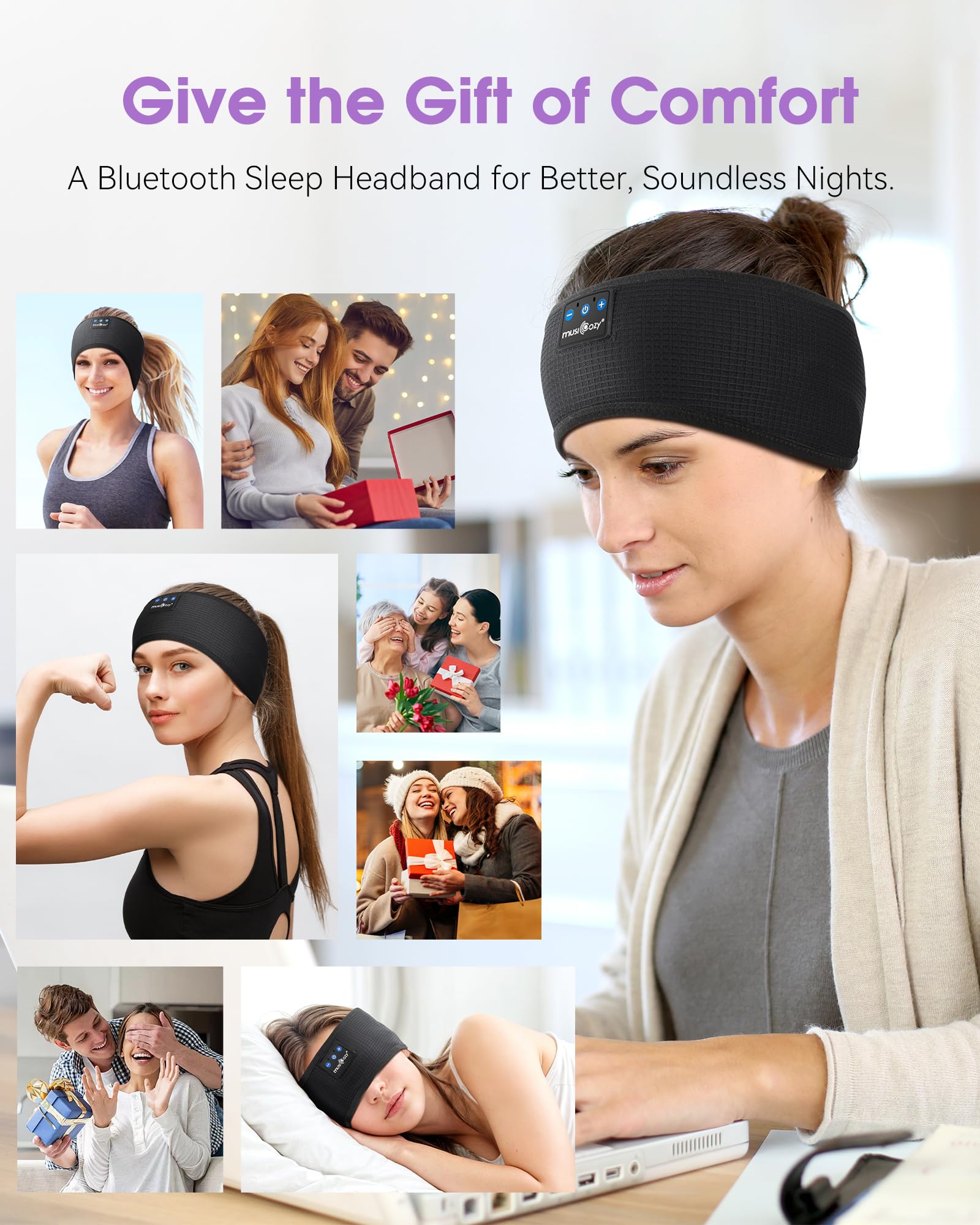 MUSICOZY Sleep Headphones Bluetooth 5.4 Headband, Sports Wireless Earphones Sweat Resistant Earbuds Sleeping Headphone with Ultra-Thin HD Stereo Speaker for Workout Running Cool Gadgets Unique Gifts Dormly