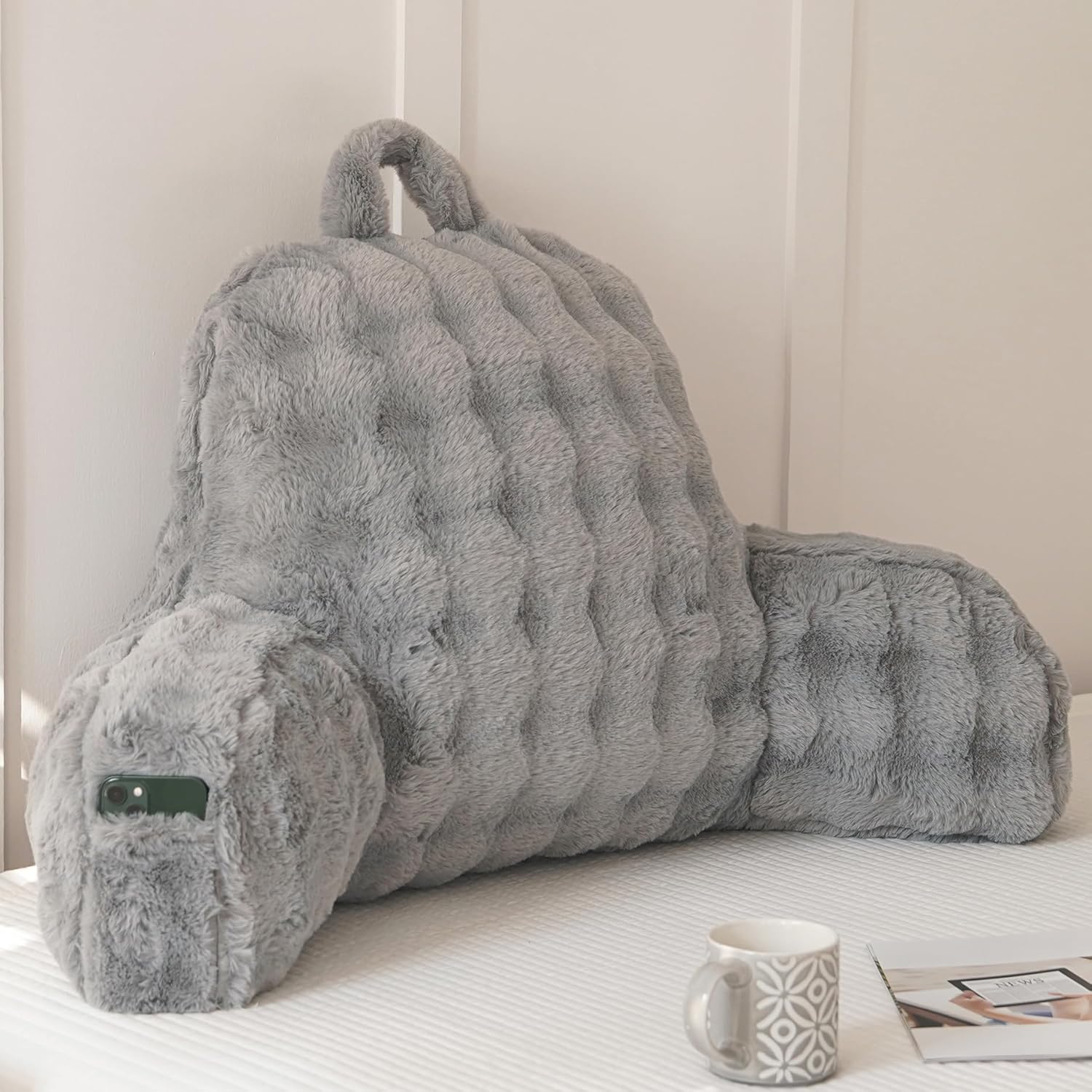 Yaoshuho Faux Fur Reading Pillow for Sitting in Bed, Large Backrest Bed Pillow with Arms, Back Support Pillow for Lounging Bedrest, Beige Dormly