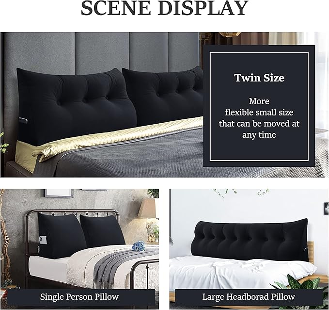 Wedge Headboard Large Bolster Pillow Reading Pillows for Sitting in Bed Adult， Velvet Triangular Cushion Backrest Lumbar Back Support Upholstered Daybed Sit Up Book Pillows（Black, Queen）