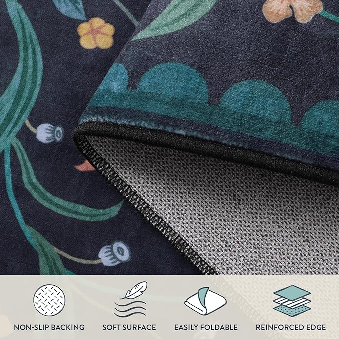 Lahome Boho Floral Washable Blue 5x7 Area Rugs for Living Room, Non Slip Rugs for Bedroom Entryway, Indoor Ultra-Thin Throw Dining Room Carpet for Under Table Kitchen Dorm(Dark Blue,5x7)