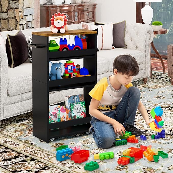 TEAMIX 4 Tier Slim Storage Cart with Handle, Slide Out Storage Rolling Utility Cart Mobile Shelving Unit Organizer Trolley for Small Spaces Kitchen Laundry Narrow Places (Black+Brown, 7-7/8'' W)