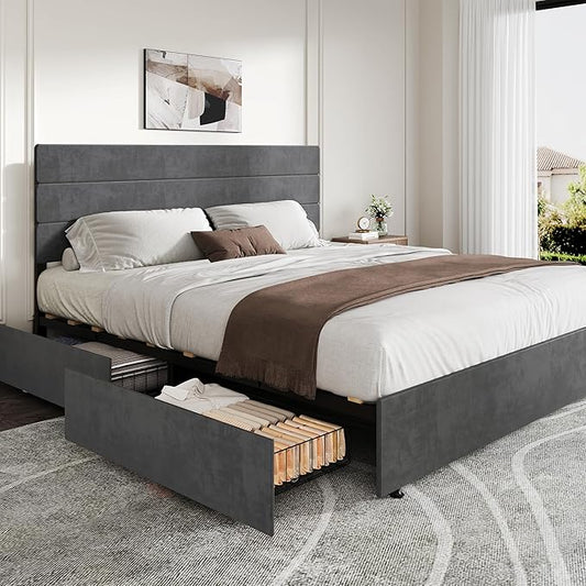 WLIVE King Size Upholstered Bed Frame with 4 Storage Drawers and Headboard, Velvet Platform Bedframe, Sturdy Metal & Wooden Slats Support, No Box Spring Needed, Easy Assembly, Dark Grey