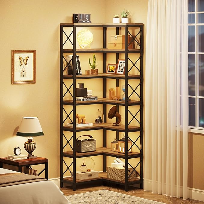 Tribesigns 7-Tier Corner Bookcase, Industrial Large Corner Bookshelf, 7-Shelf Tall Corner Shelf Storage Display Rack with Metal Frame for Living Room Home Office, Grey