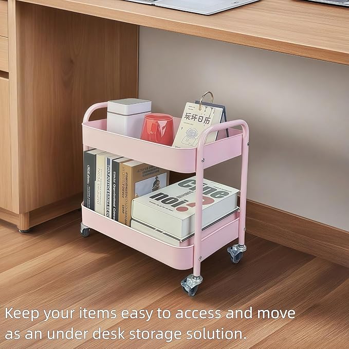 2 Tier Pink Rolling Cart with Wheels for Under Desk Storage, Large Capacity Rolling Pantry & Kitchen Storage Cart for Small Space, Sturdy Metal Bathroom Shelf Laundry Room Organization