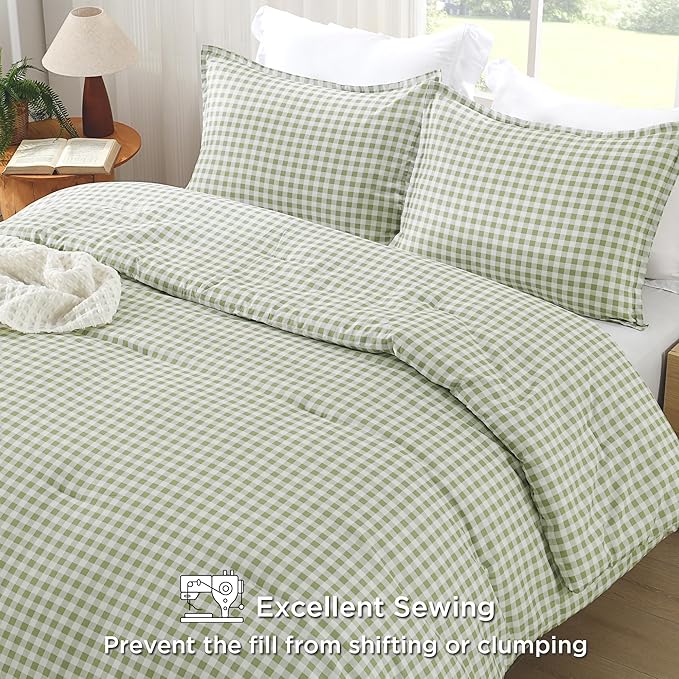 Andency Sage Gingham Comforter Set Queen(90x90Inch), Green Checkered Grid Plaid Buffalo Bed Set for Girls Boys Kids Teens, 3 Pieces Lightweight Microfiber Geometric Preppy Bedding