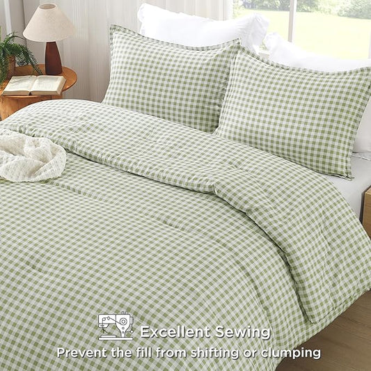 Andency Sage Gingham Comforter Set Full(79x90Inch), Green Checkered Grid Plaid Buffalo Bed Set for Girls Boys Kids Teens, 3 Pieces Lightweight Microfiber Geometric Preppy Bedding
