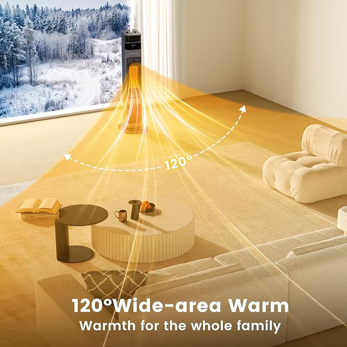 VCJ 31" Space Heaters with Humidifier, 12H Timer Electric Heater for Indoor Use, Remote, 120° Oscillation, Overheat & Tip-Over Protection, Quiet Portable Tower Heater for Bedroom Living Room Garage